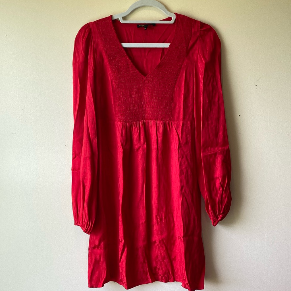 Maje Red Satin Animal Print Mini Holiday Dress Long Puff Sleeves Size S